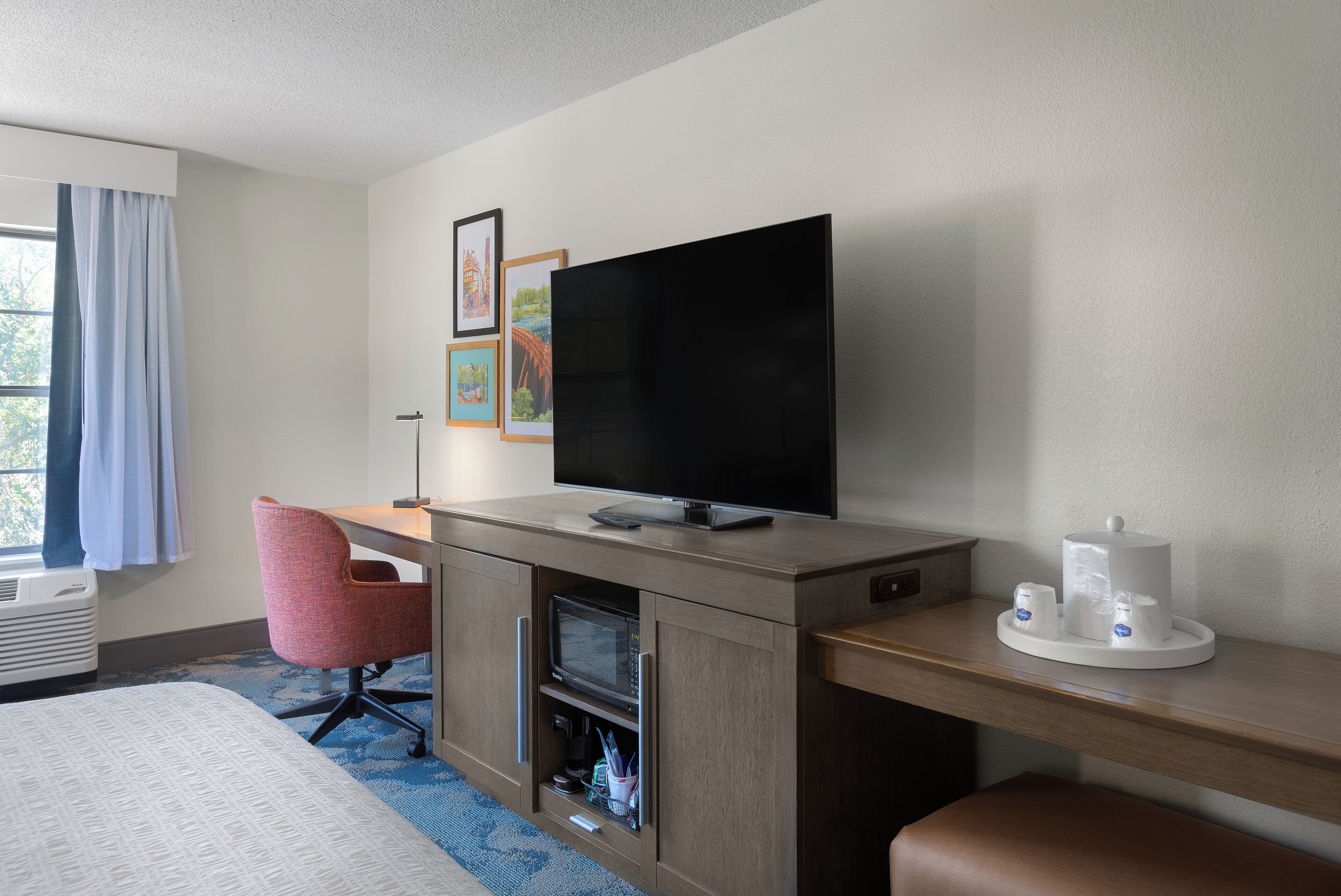 Habitación de hotel con cama, escritorio, televisor de pantalla plana, microondas y cafetera.