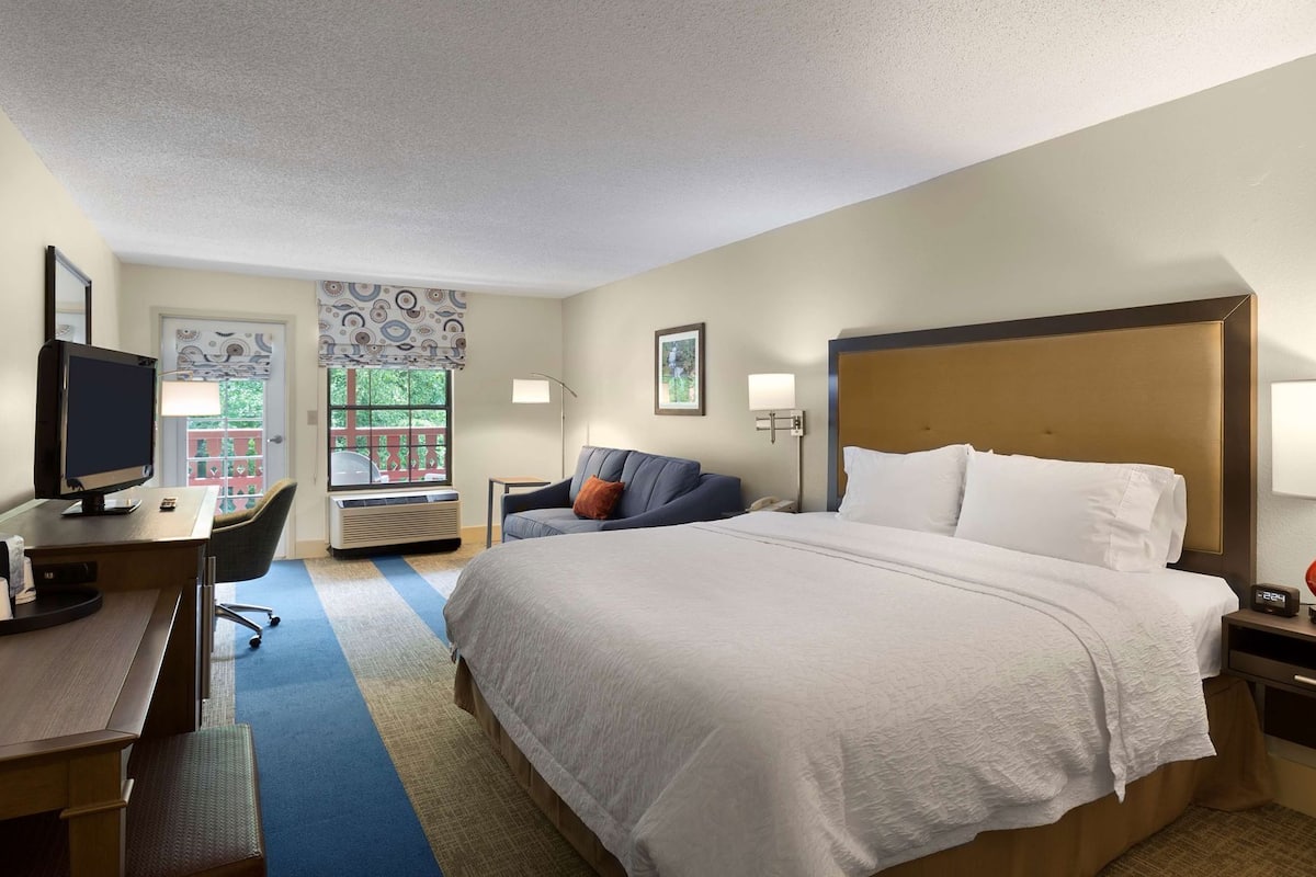 A hotel room with a bed, a desk with a computer, a chair, a TV, and a window with a view of greenery.