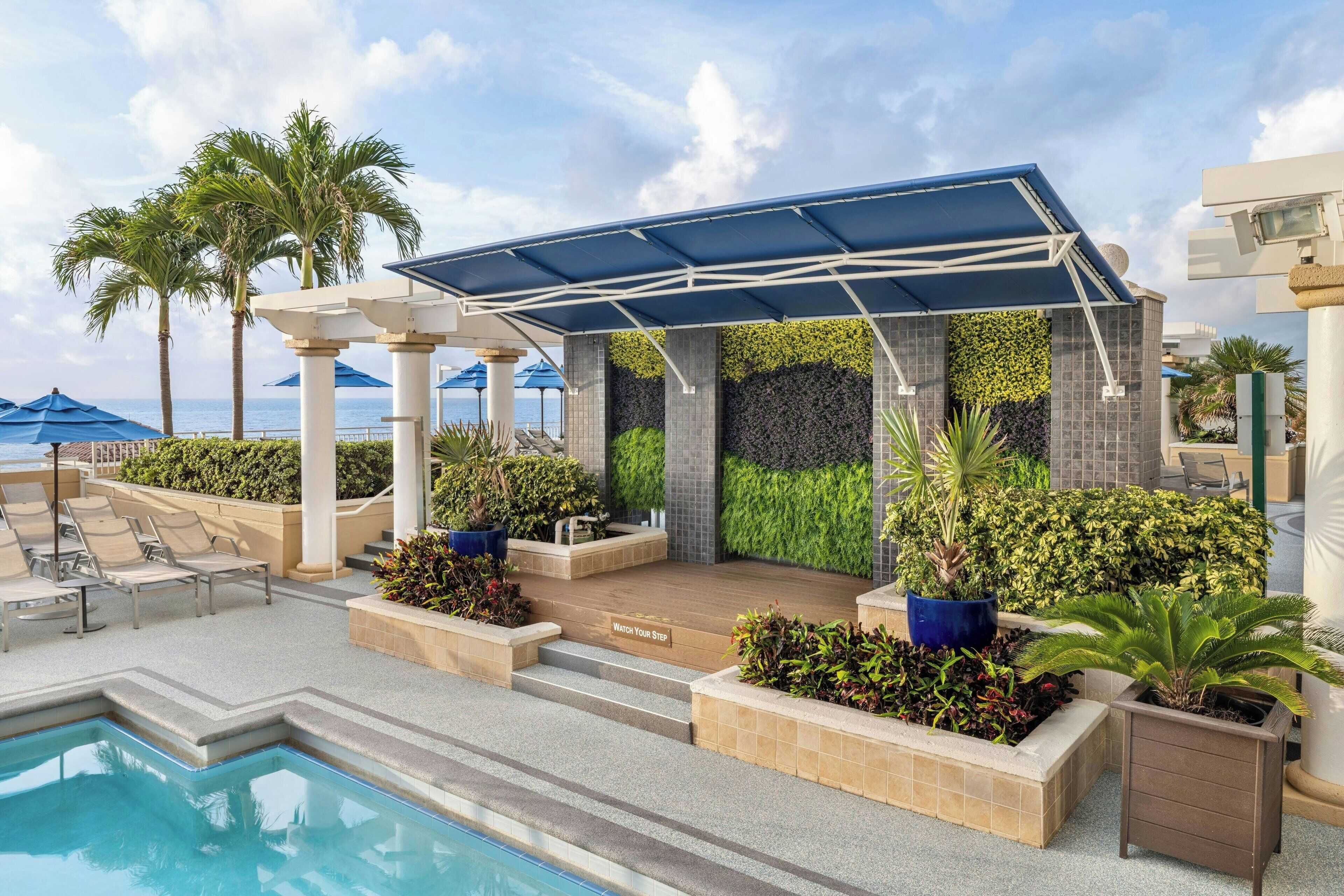 Outdoor pool, pool umbrellas, pool loungers