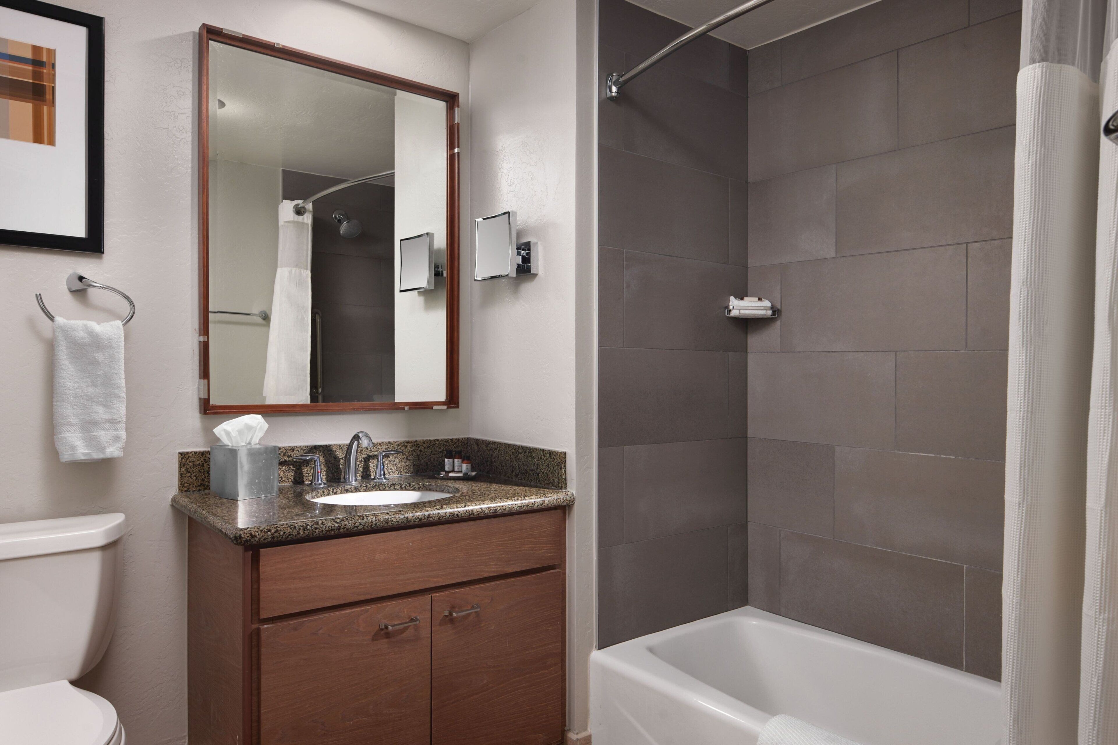A bathroom with a sink, mirror, and shower.