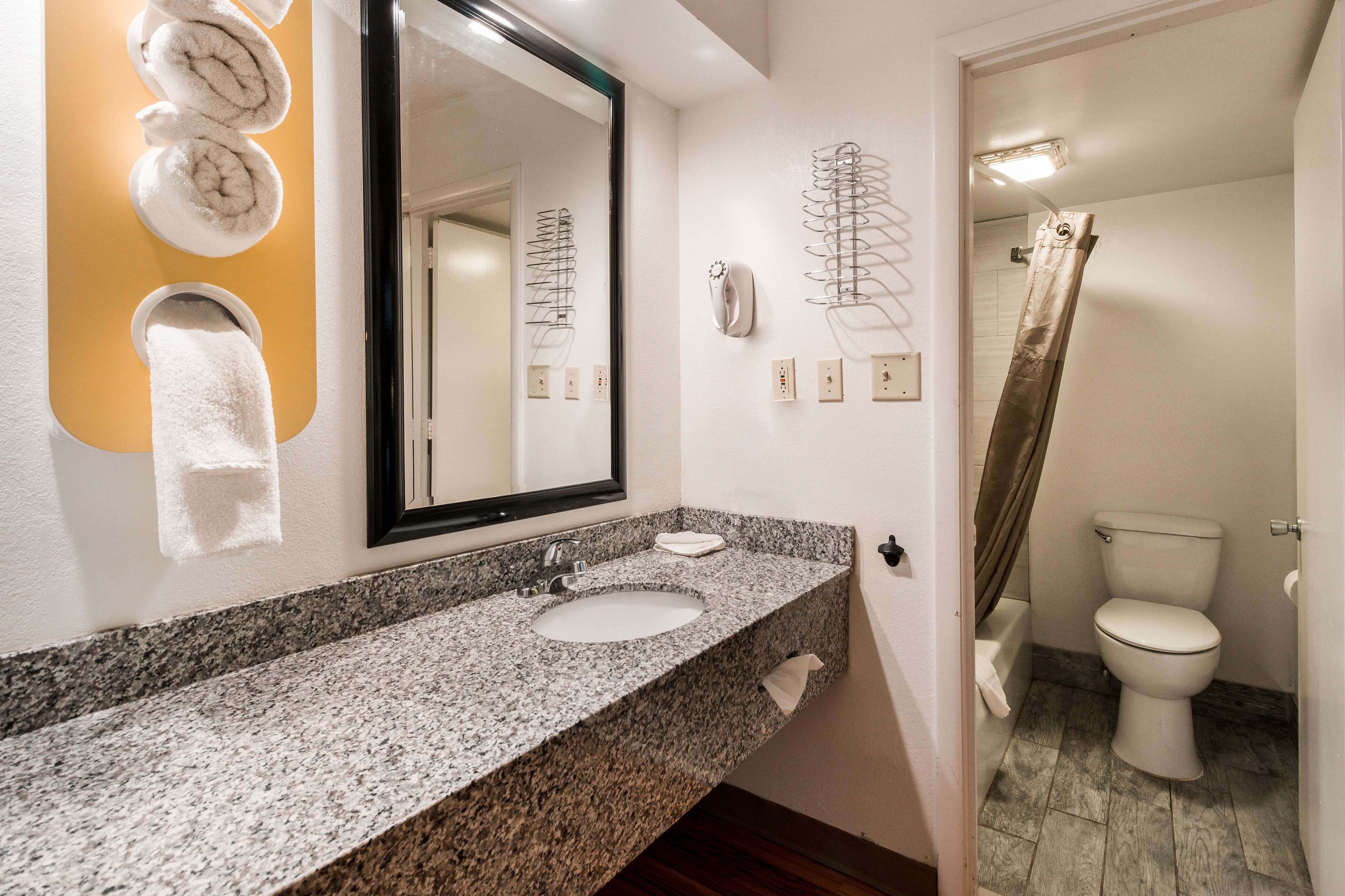 Une salle de bain avec un lavabo en granit, un grand miroir et un rideau de douche.