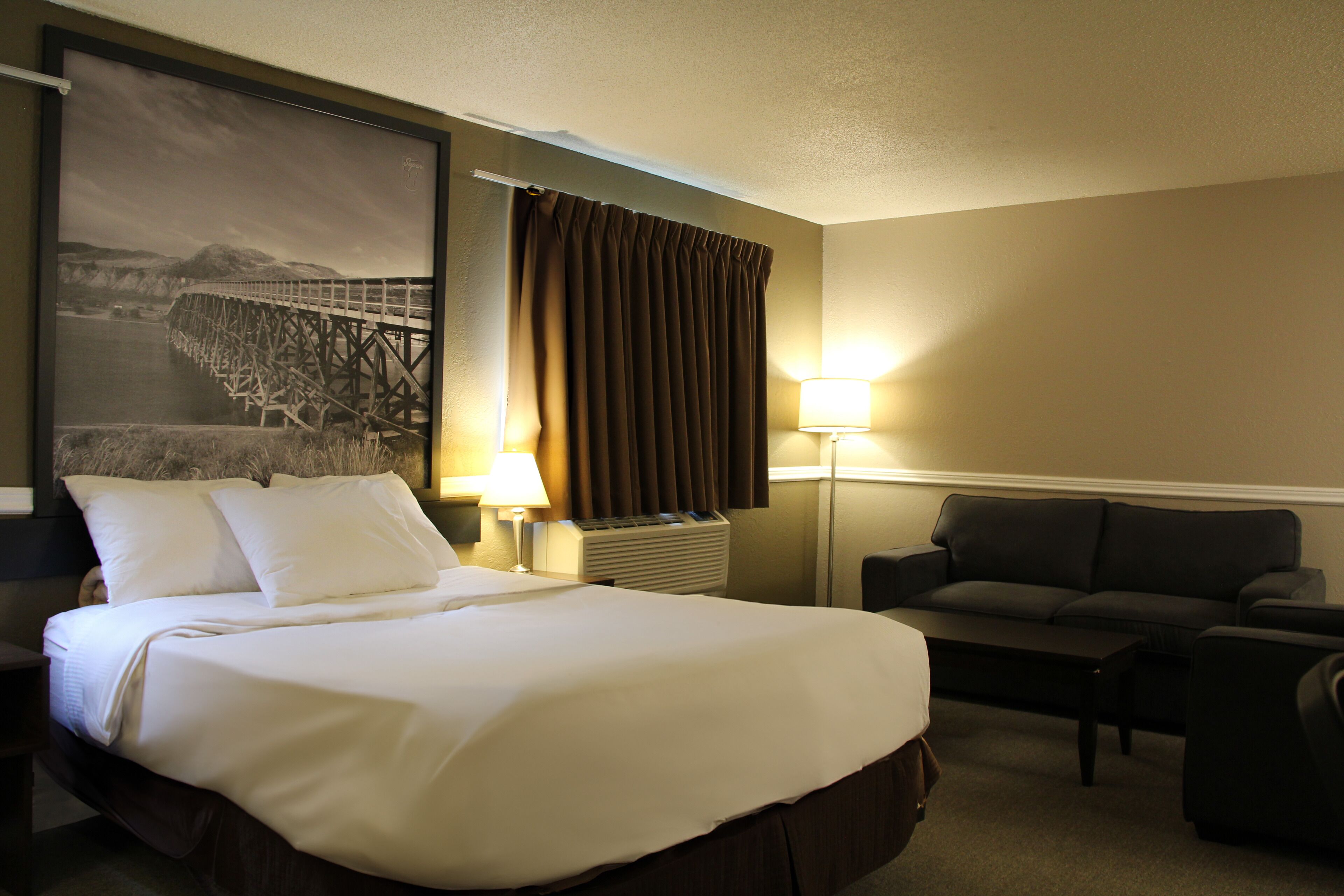 Une chambre d’hôtel avec un grand lit, un canapé, un bureau et un climatiseur fixé au mur.