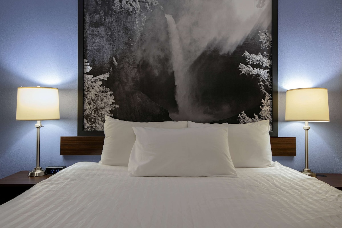 Cama bem arrumada com lençóis brancos, com duas luminárias de cabeceira, e uma grande obra de arte emoldurada retratando uma cascata na parede ao fundo.