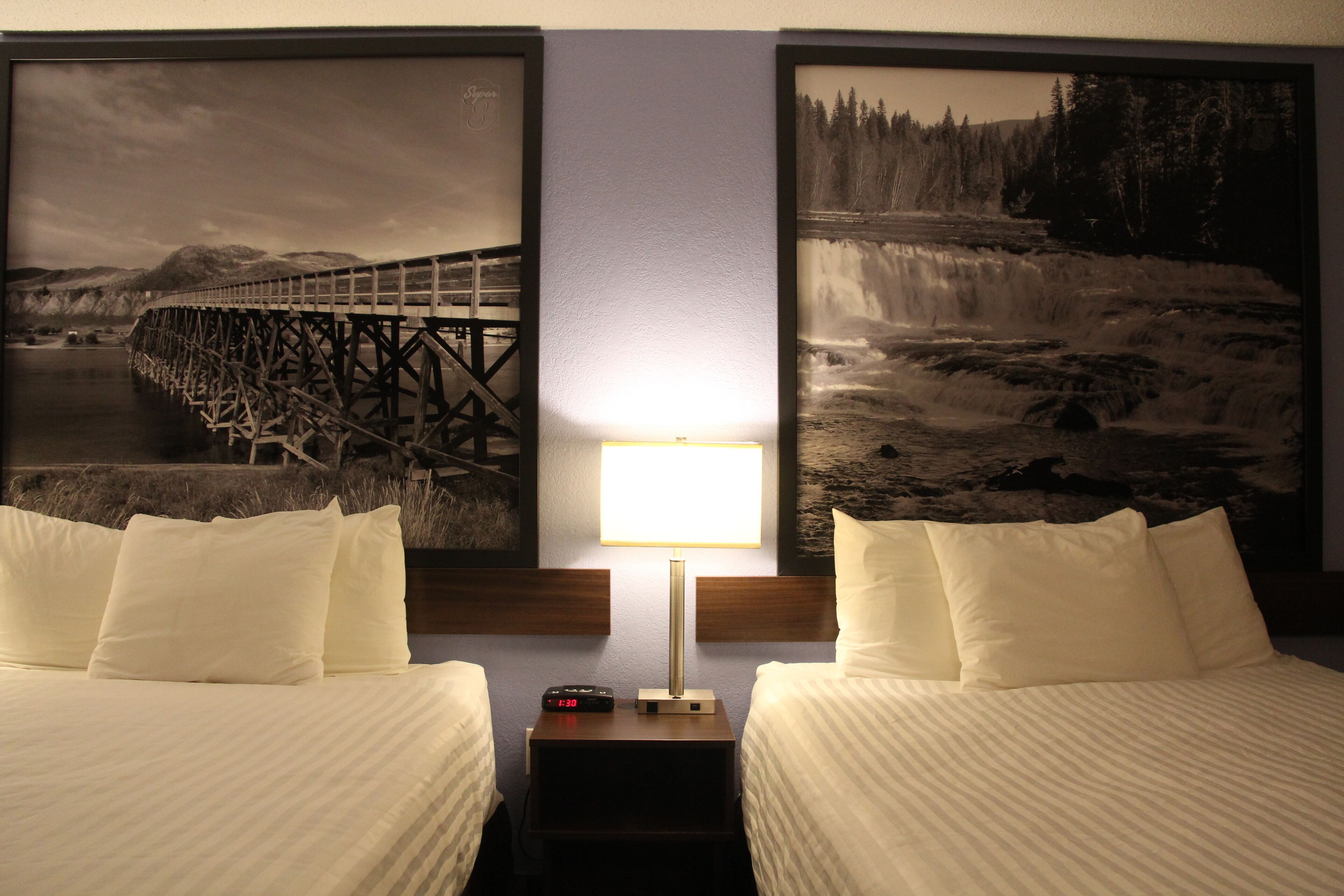 Habitación de hotel con dos camas, una mesita de noche con lámpara y dos grandes cuadros de paisajes en la pared.