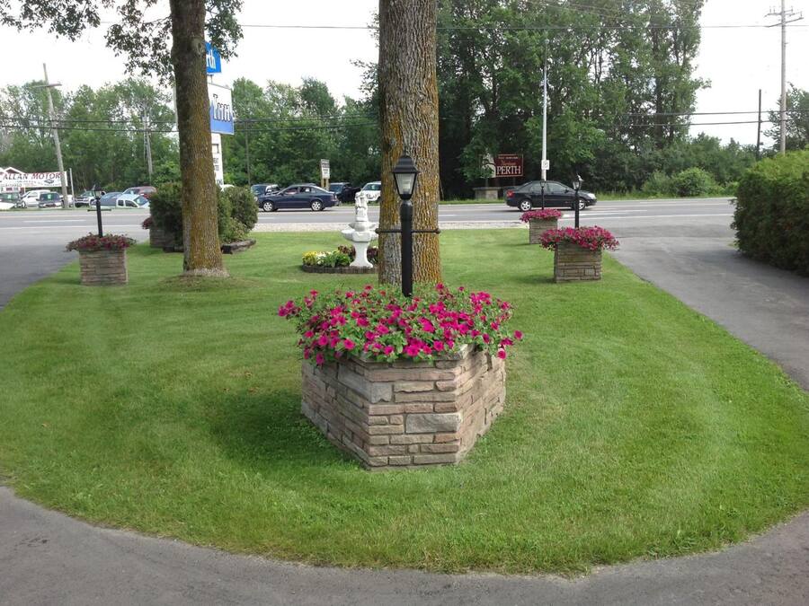 Un área ajardinada con césped, parterres y una farola.