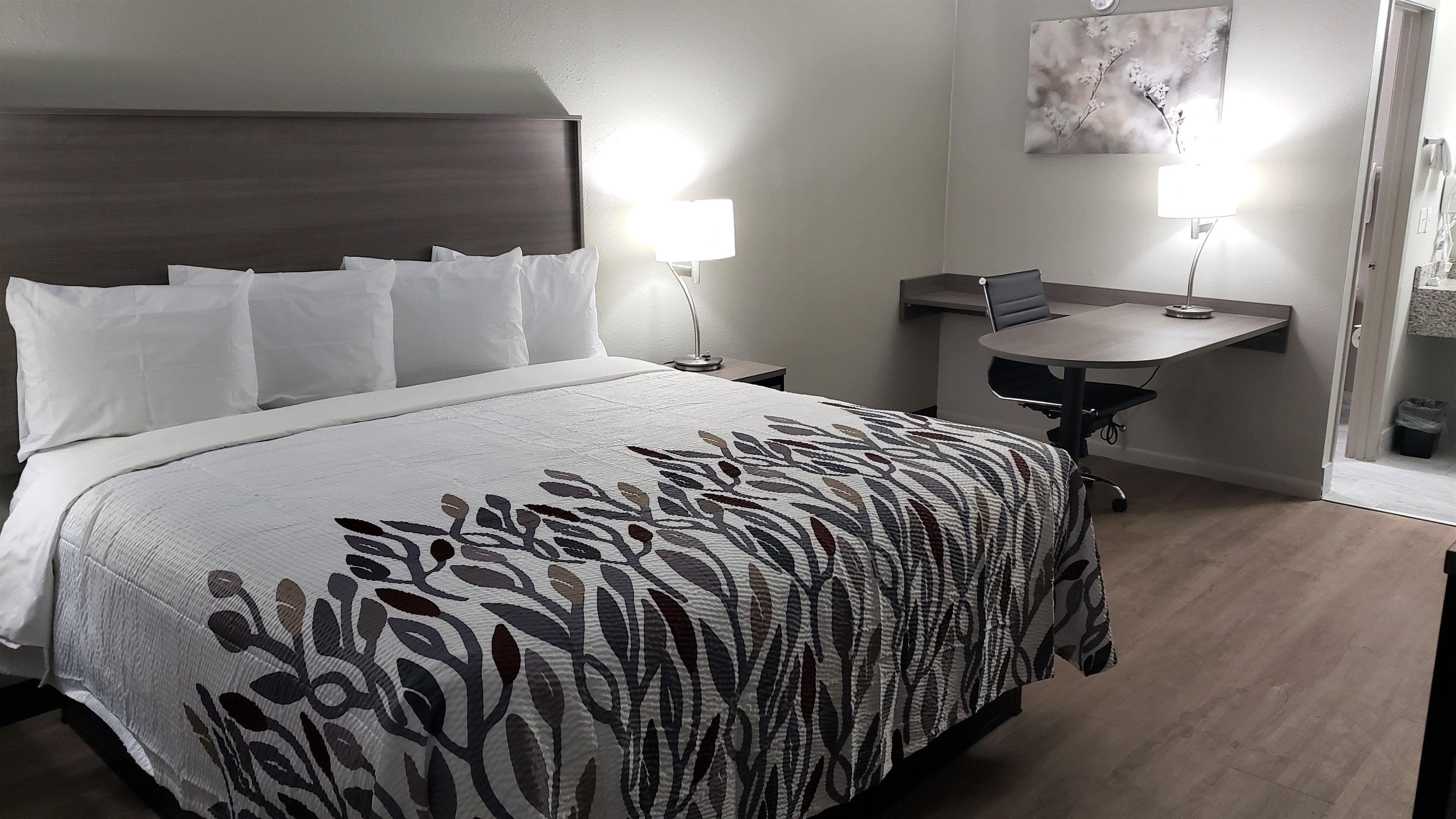 Una habitación de hotel con una cama, lámparas de noche, un escritorio y una silla.