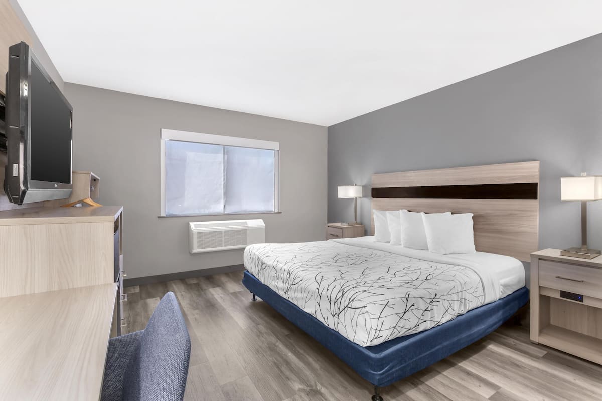A hotel room with a bed, bedside tables, a desk, a chair, a TV, a window, and an air conditioning unit.
