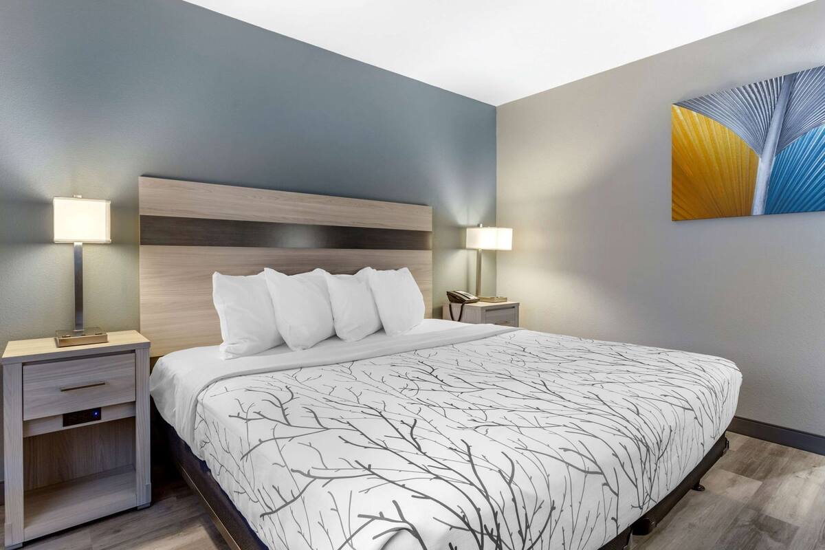 A hotel room with a bed, nightstands, a lamp, a wall art piece, and a wooden headboard.