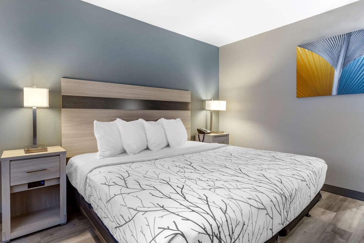 A modern hotel room with a large bed, two bedside tables, a nightstand, and a wall-mounted lamp.
