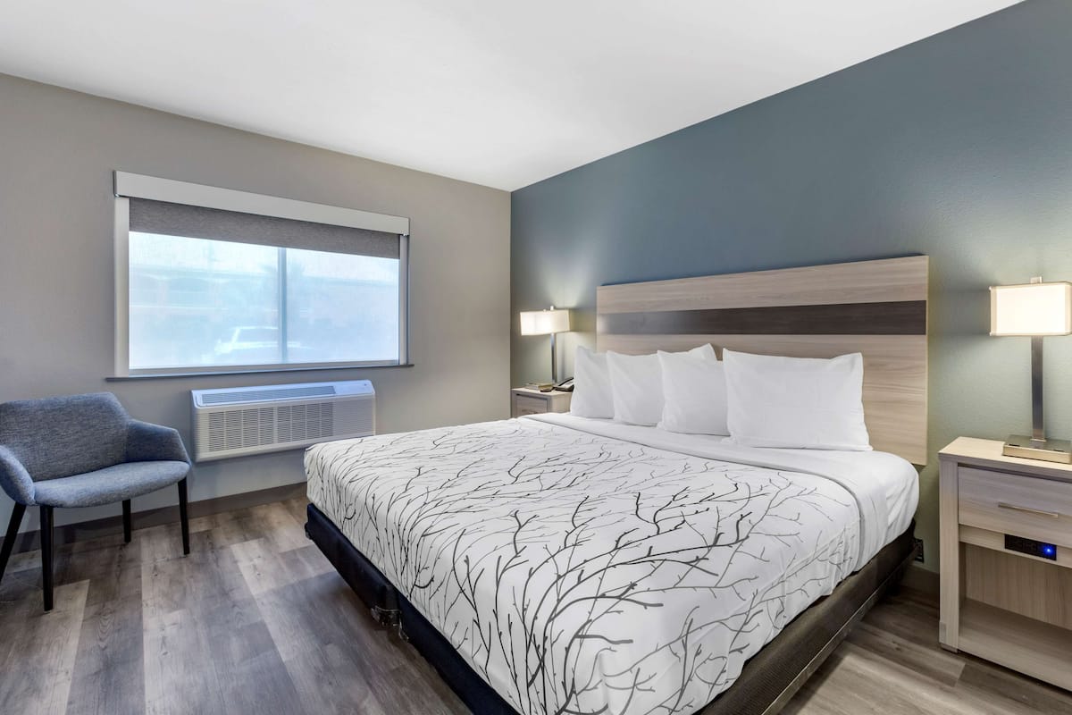 Relax in a serene space with a large bed, comfortable armchair, and ample natural light.