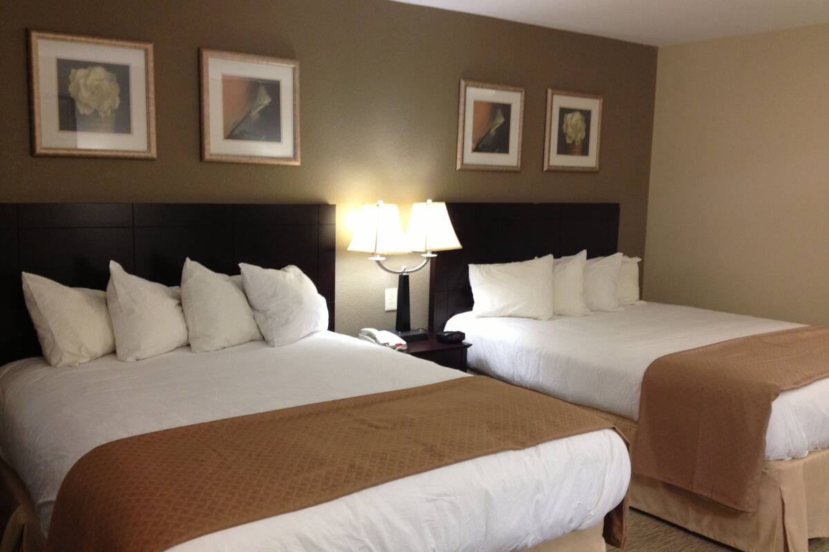 A hotel room with two beds, a nightstand with a lamp, and framed pictures on the wall.
