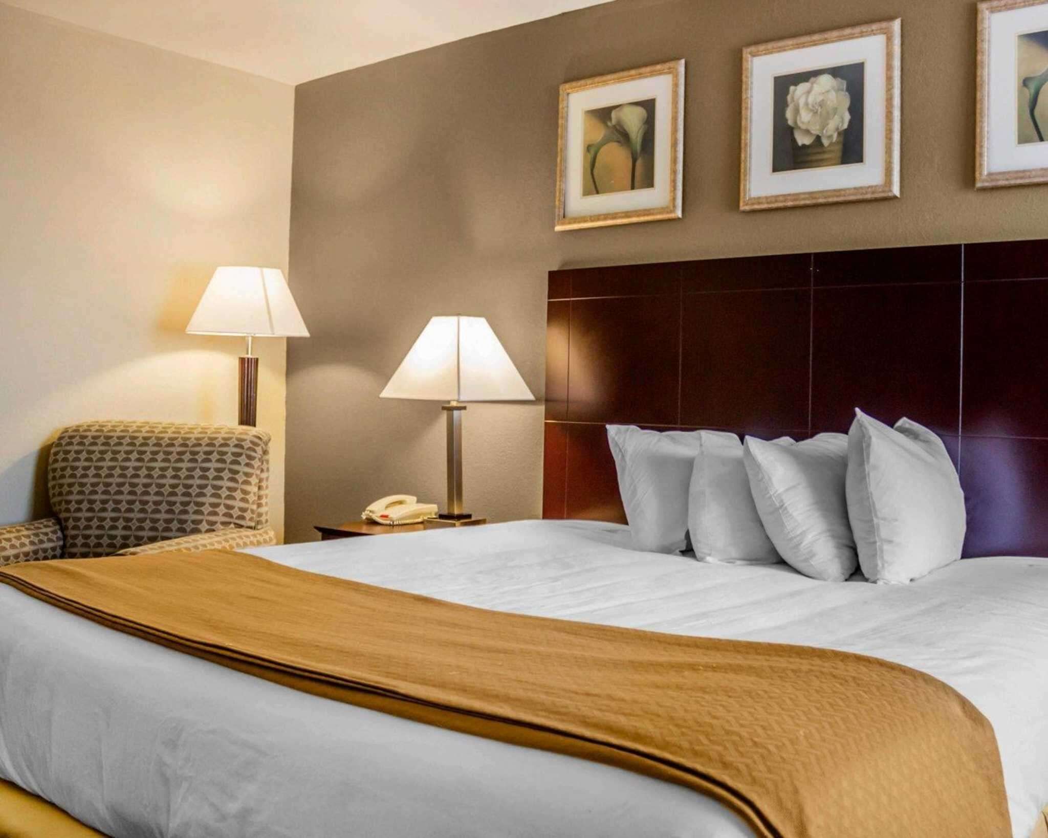 A hotel room with a large bed, two bedside lamps, a telephone, a patterned armchair, and three framed pictures on the wall.