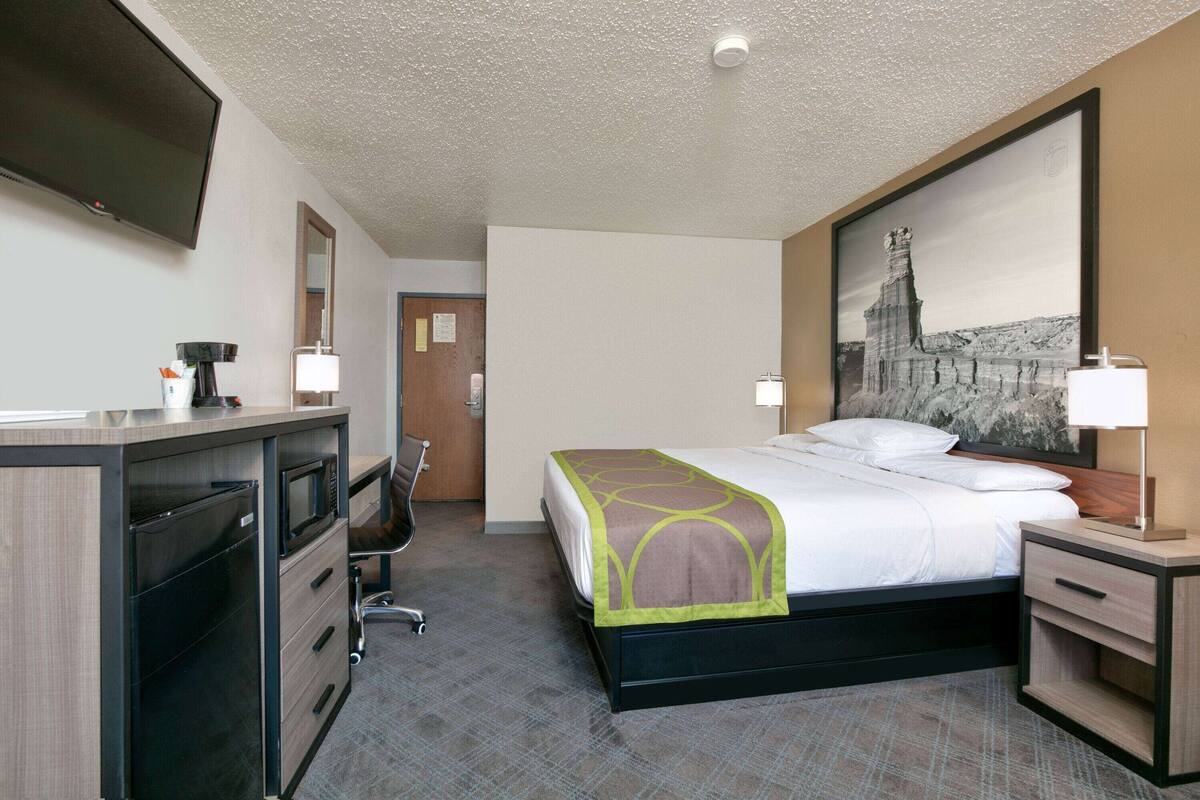Une chambre d’hôtel avec un lit, un bureau doté d’un micro-ondes, une télévision et un grand tableau encadré au mur.