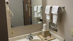 Un baño de hotel con un espejo grande, un lavamanos y un secador de pelo en la pared.