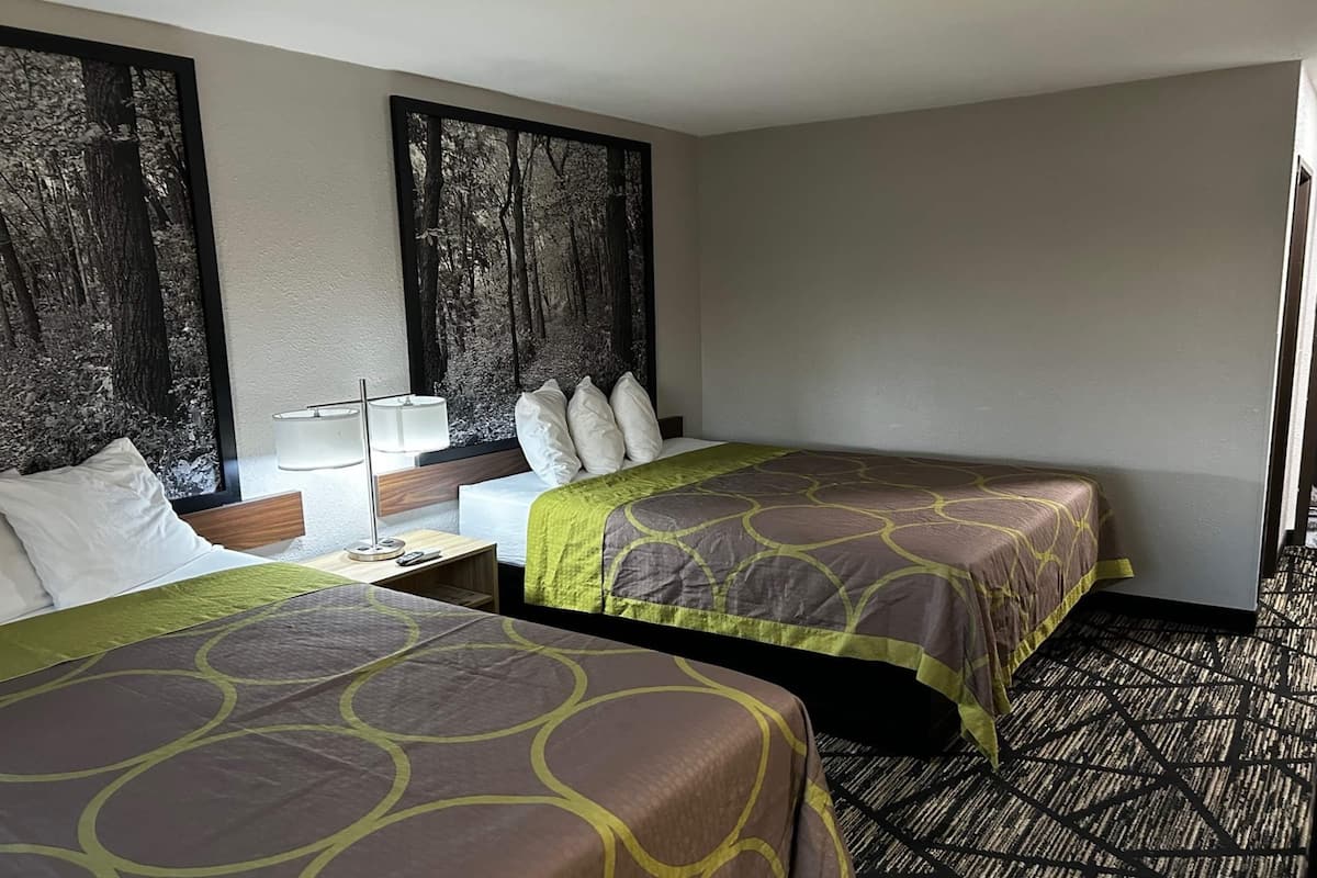 A hotel room with two beds, a nightstand, a lamp, and large forest-themed wall art.