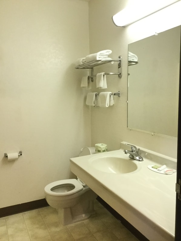 A bathroom with a toilet, sink, and towel rack.