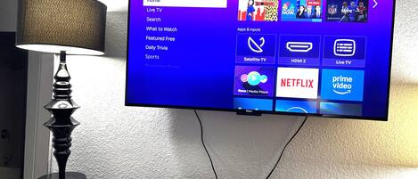 A Roku TV mounted on a wall displaying the Roku TV interface with various menu options.