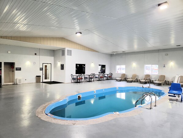 Indoor pool, open 9:00 AM to 9:00 PM, sun loungers
