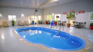 Une piscine intérieure entourée de chaises longues et de plantes en pot.
