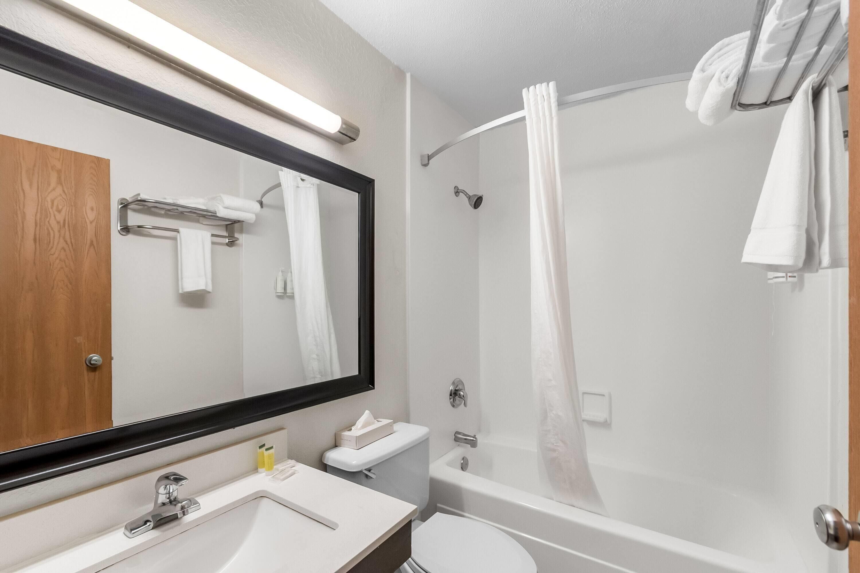 Un bany modern amb un mirall gran, un lavabo, un vàter i una dutxa amb cortina.