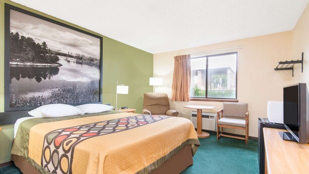 A hotel room with a large bed, a desk, a chair, a TV, a window with curtains, and a painting of a lake.