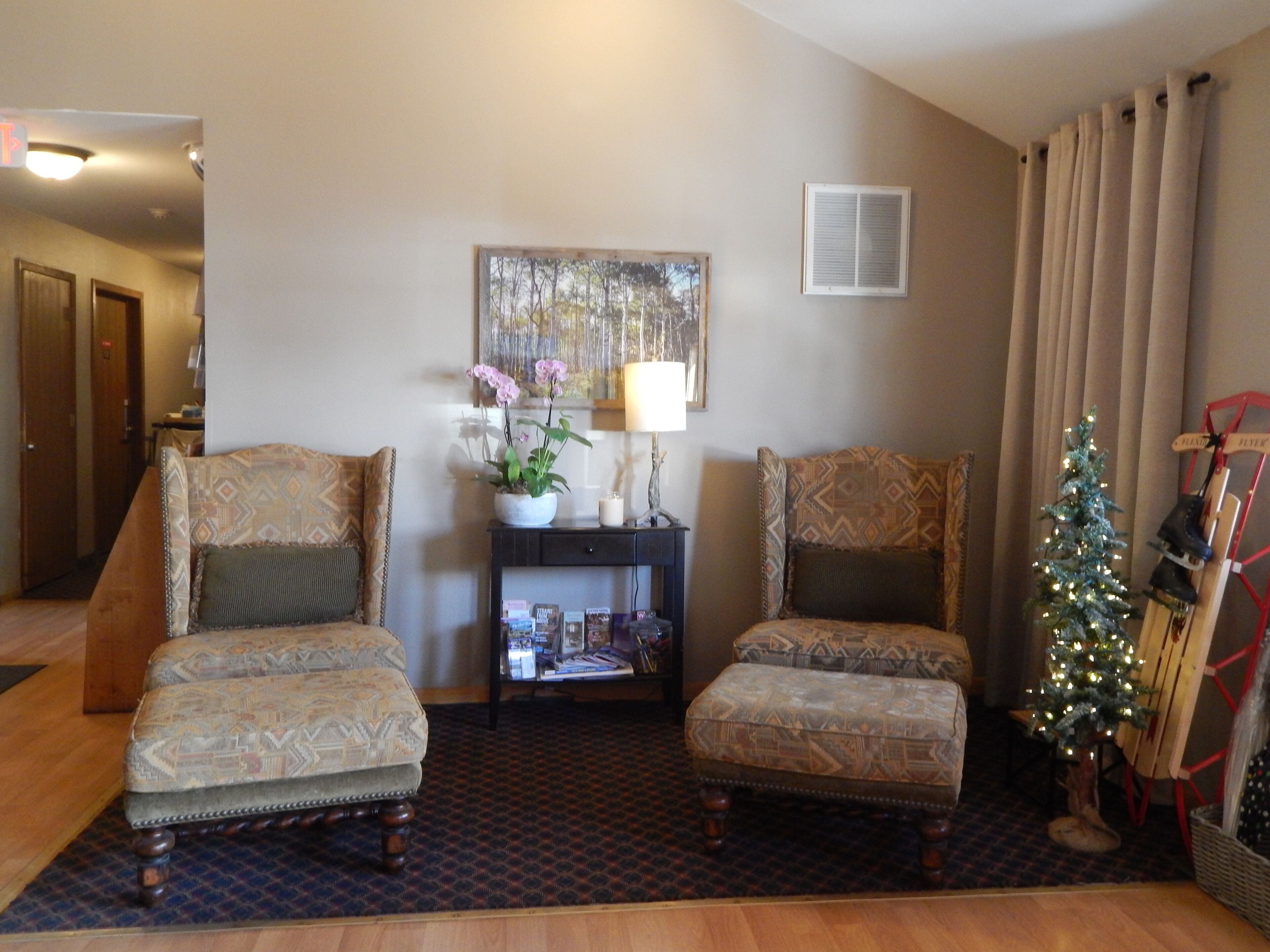Una sala de estar con dos sillones estampados, una mesita con una lámpara y una planta, una estantería, un árbol de Navidad y una escalera roja.
