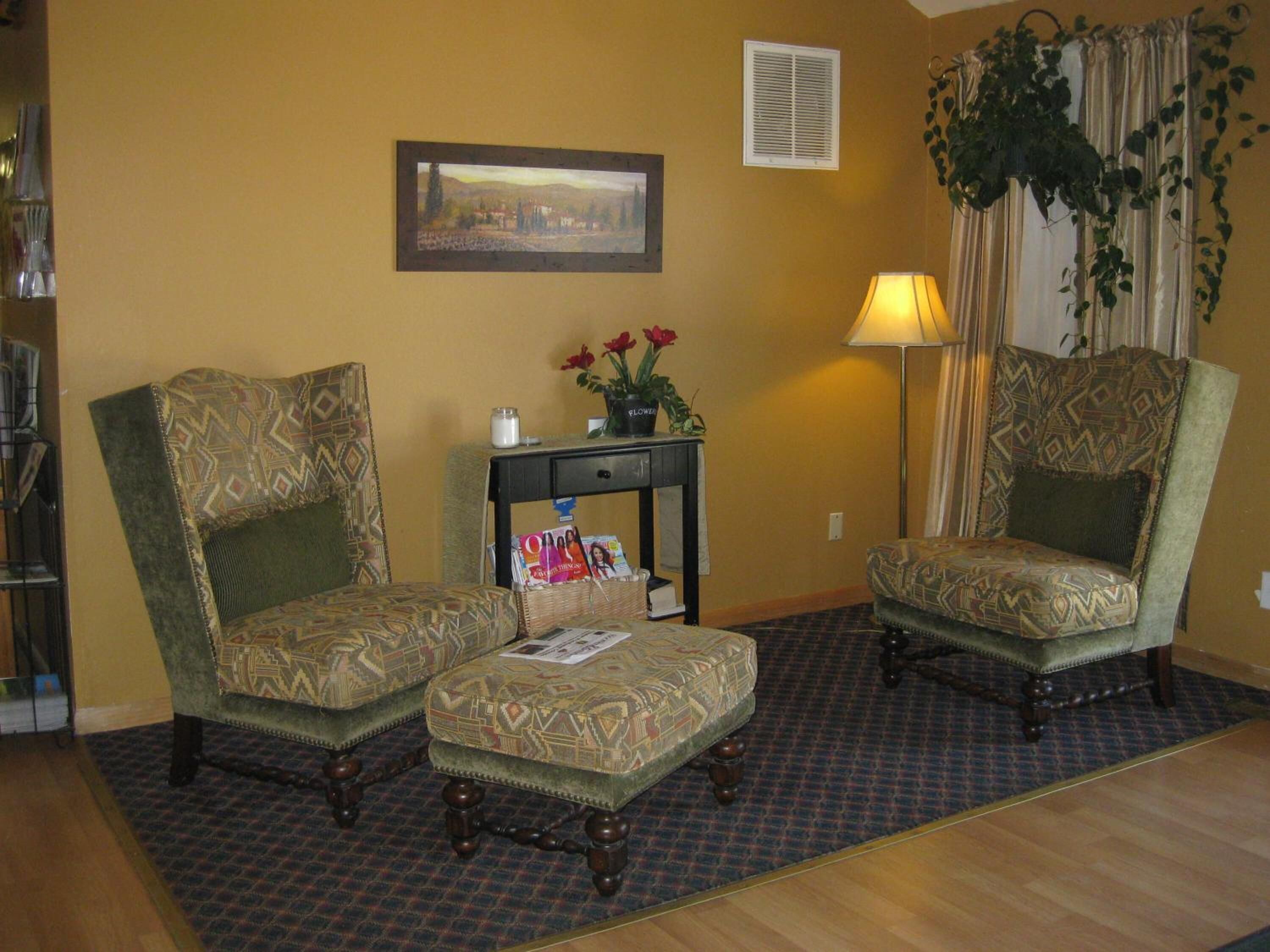 Una habitación con dos sillones estampados, una mesita con una lámpara, un cuadro en la pared y una planta en maceta.