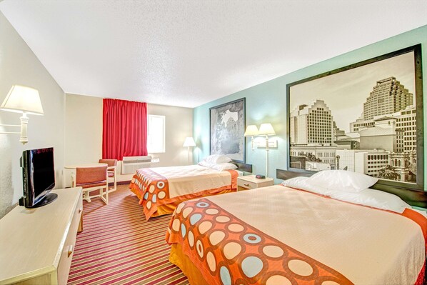 Standard Room, 2 Queen Beds, Smoking | Hypo-allergenic bedding, desk, iron/ironing board, free cots/infant beds