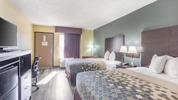 Desk, laptop workspace, blackout drapes, free cribs/infant beds