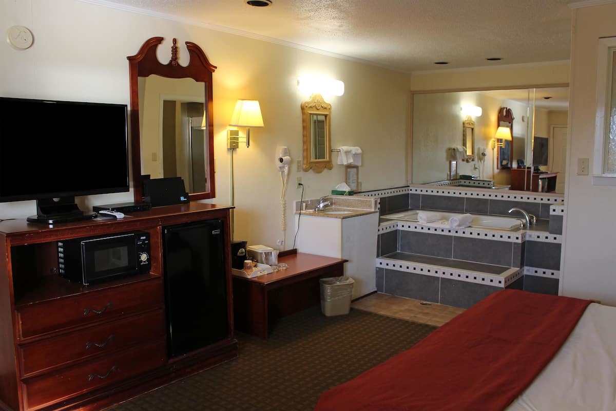 Hotelkamer met televisie, magnetron, bureau, prullenbak, bed en badkamer met wastafel en spiegel.