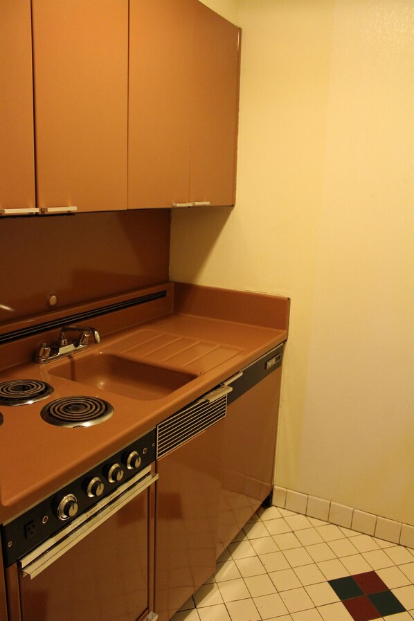 A compact kitchen with a brown stove, a sink, and a dishwasher. - Lake View Inn & Suites (Killen)