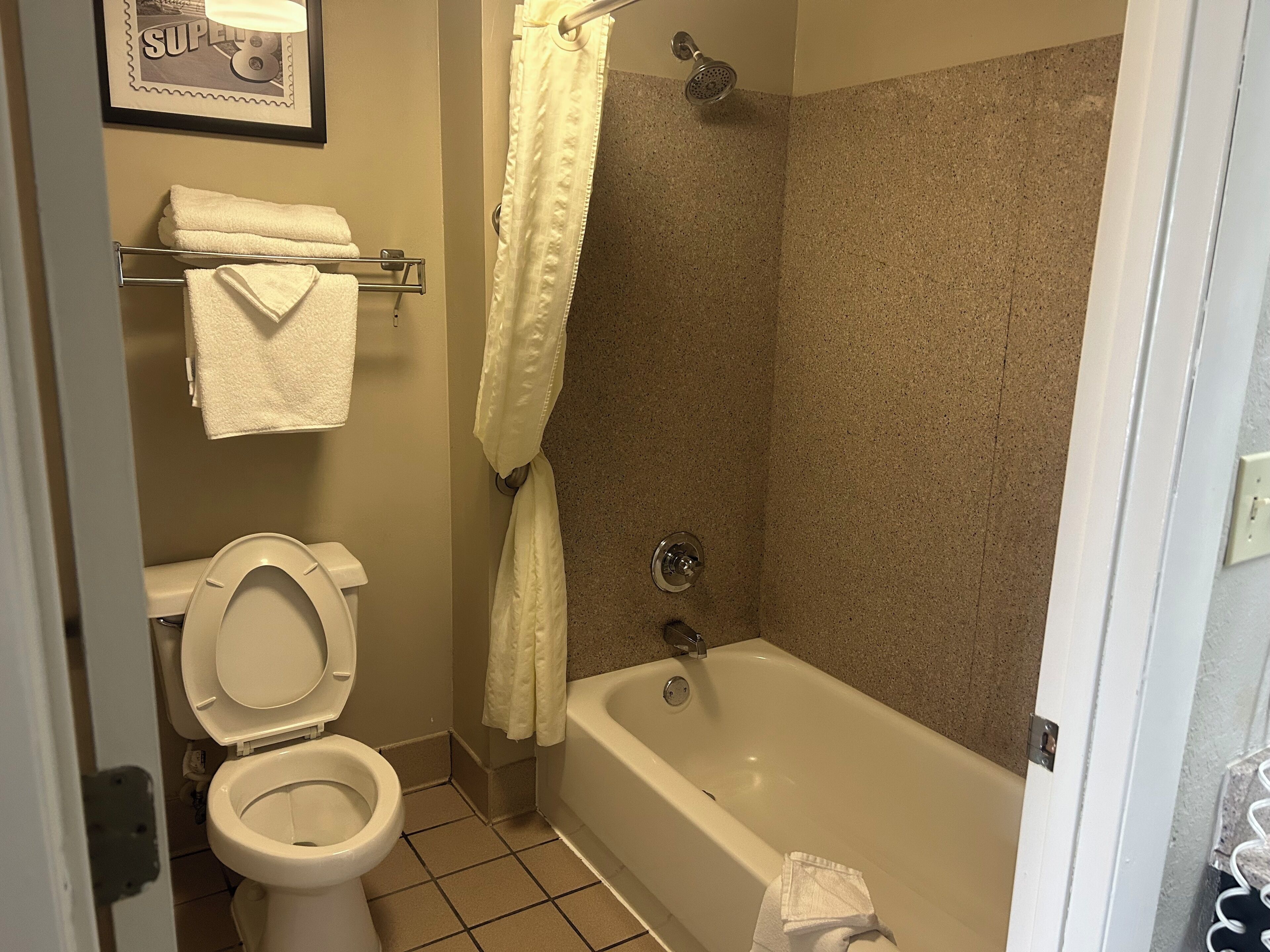 combined shower/bathtub, free toiletries, hair dryer, towels