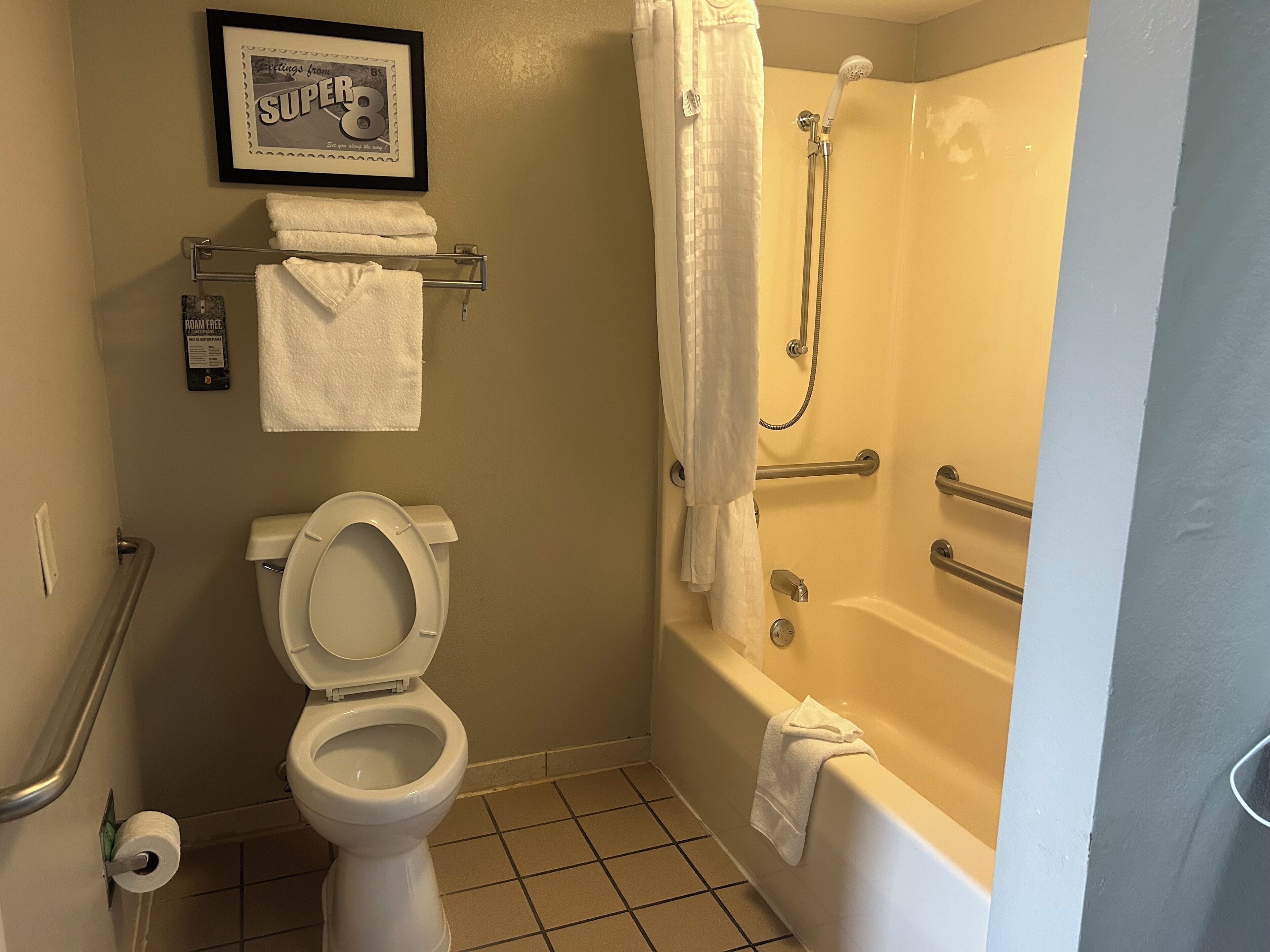 A bathroom with a toilet, a shower with a grab bar, and a bathtub.