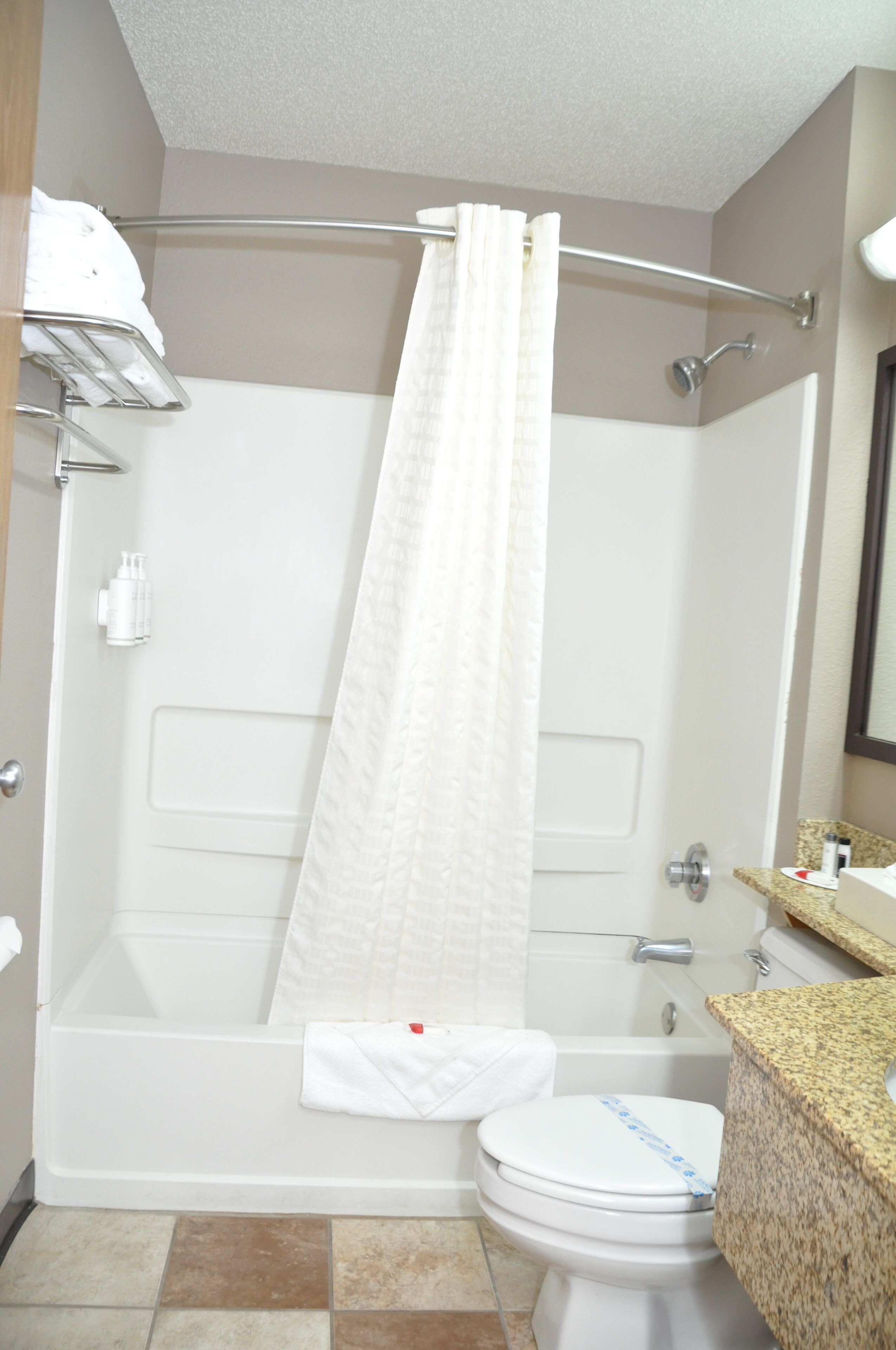 A bathroom with a shower, toilet, and sink.