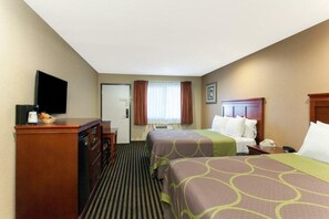Premium bedding, desk, laptop workspace, blackout curtains