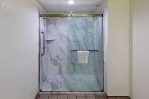 Shower, free toiletries, hair dryer, towels