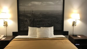 Een hotelkamer met een groot landschap op de muur, twee bedlampen, een bed met witte kussens, en een nachtkastje met een telefoon en een klein tafeltje.