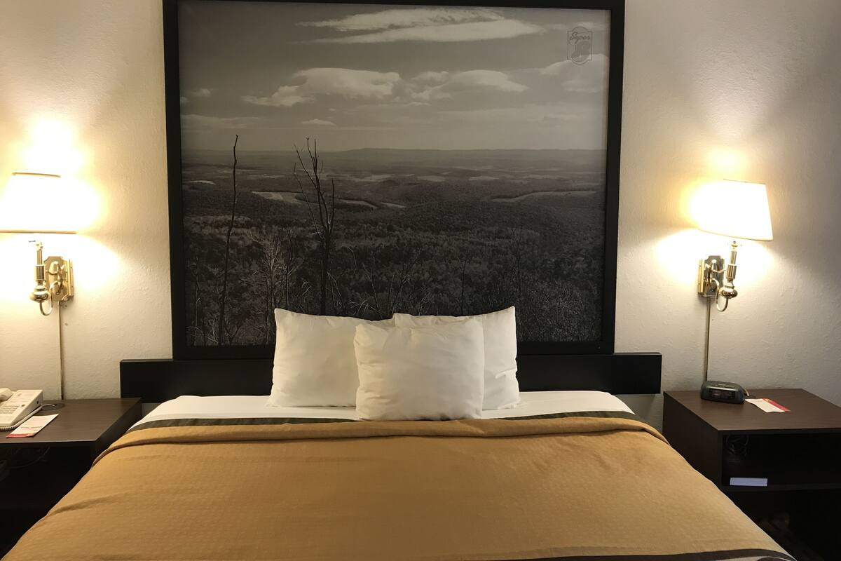 Una habitación de hotel con un cuadro de paisaje grande en la pared, dos lámparas de noche, una cama con almohadas blancas y una mesita de noche con un teléfono y una pequeña mesa.