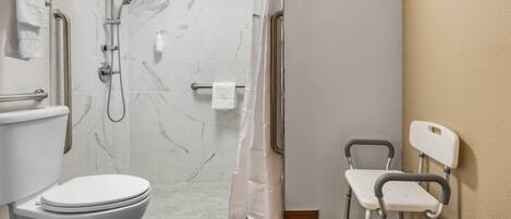 A bathroom with a toilet, shower, and a wheelchair-accessible chair.
