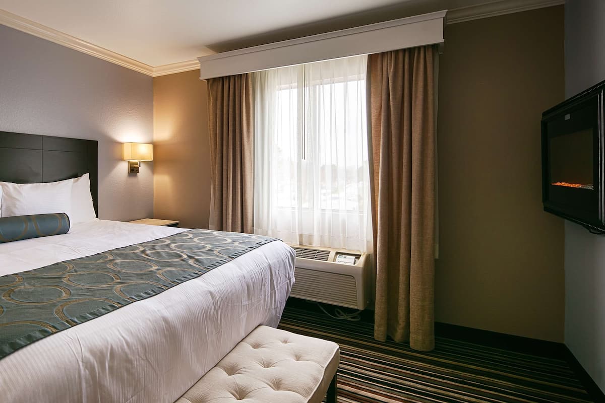 Une chambre d’hôtel avec un grand lit, une table de chevet, un téléviseur fixé au mur et une fenêtre avec des rideaux.