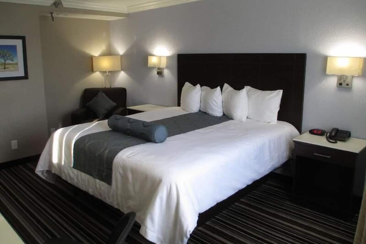 Une chambre d’hôtel avec un grand lit, deux tables de chevet, une chaise et un bureau.