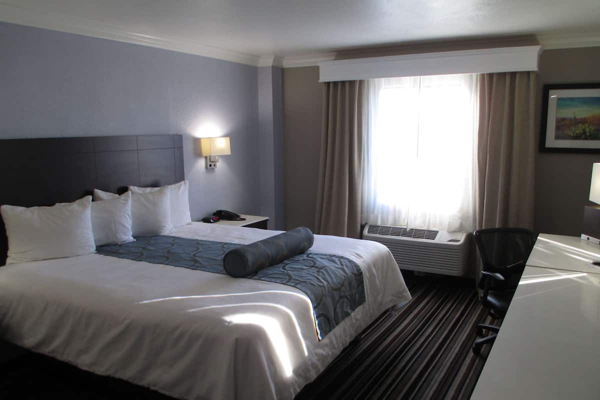 Une chambre d’hôtel avec un grand lit, un bureau, une chaise, une lampe et une fenêtre avec des rideaux.