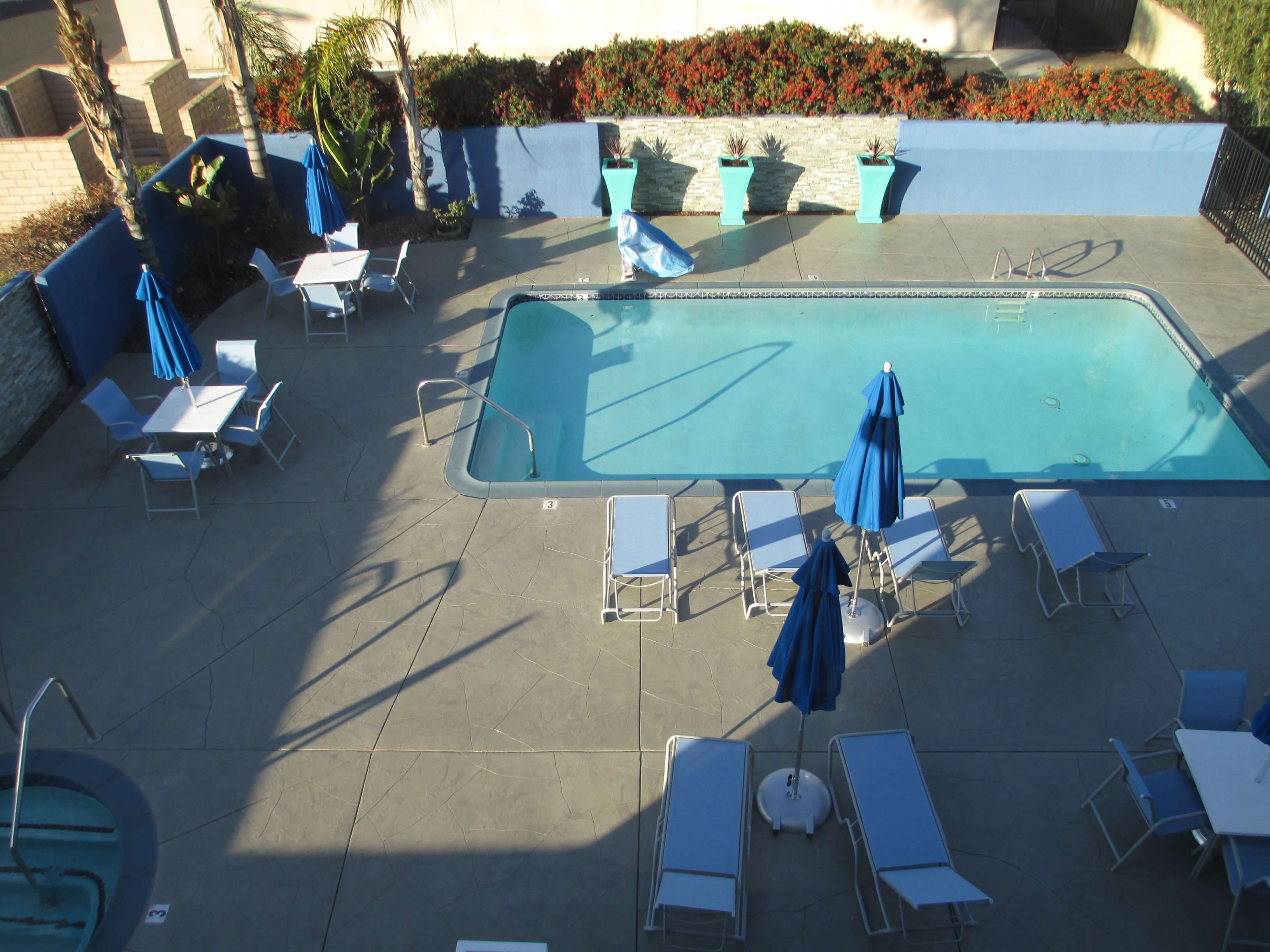A rectangular pool with lounge chairs and umbrellas arranged around it.