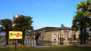 Un hôtel avec une enseigne indiquant « Super 8 by Wyndham » et un parking bordé de palmiers.