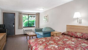 A hotel room with a bed, a desk, a chair, a TV, and a window with curtains.