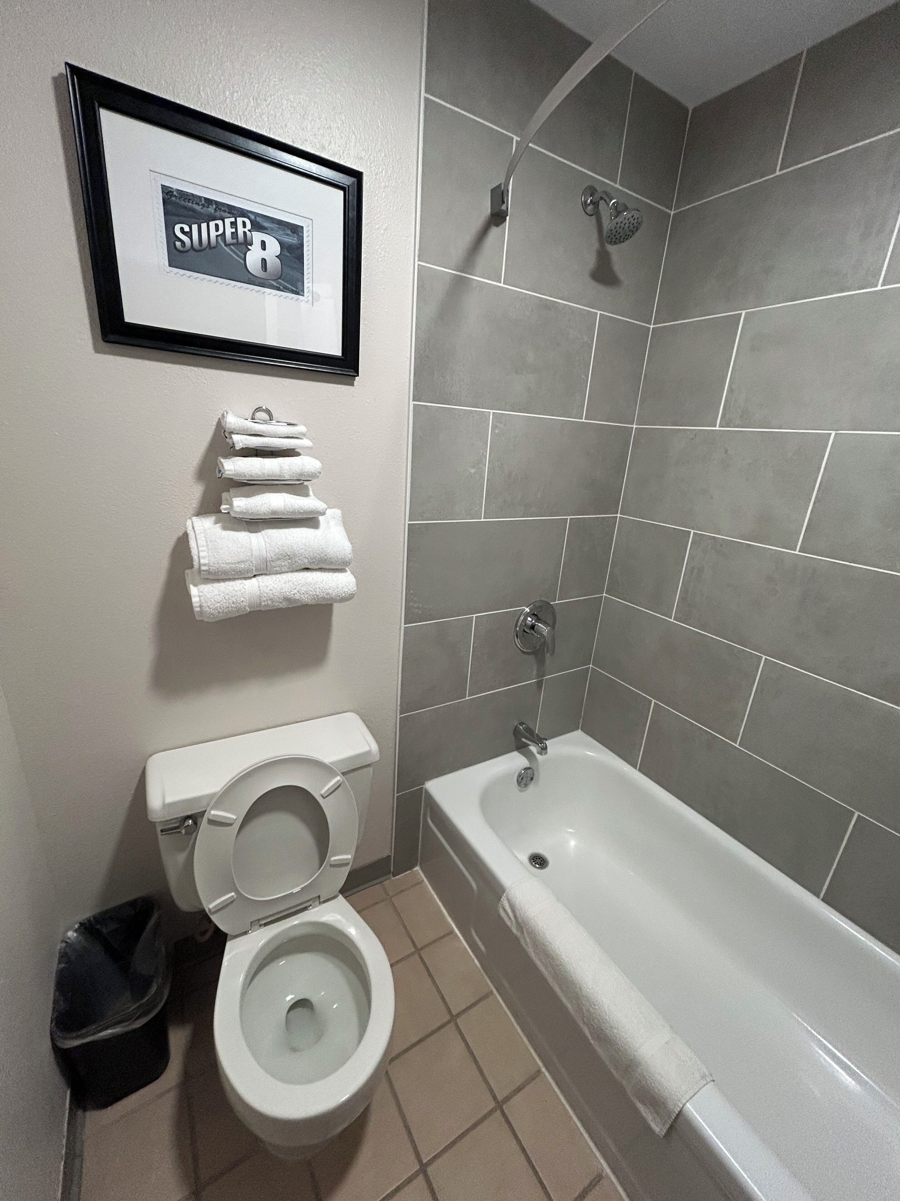 Une salle de bain avec des toilettes, une baignoire et un tableau encadré au mur.