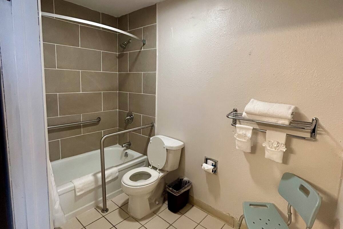 Une salle de bain équipée de toilettes, d’une baignoire, d’une douche et de deux chaises.