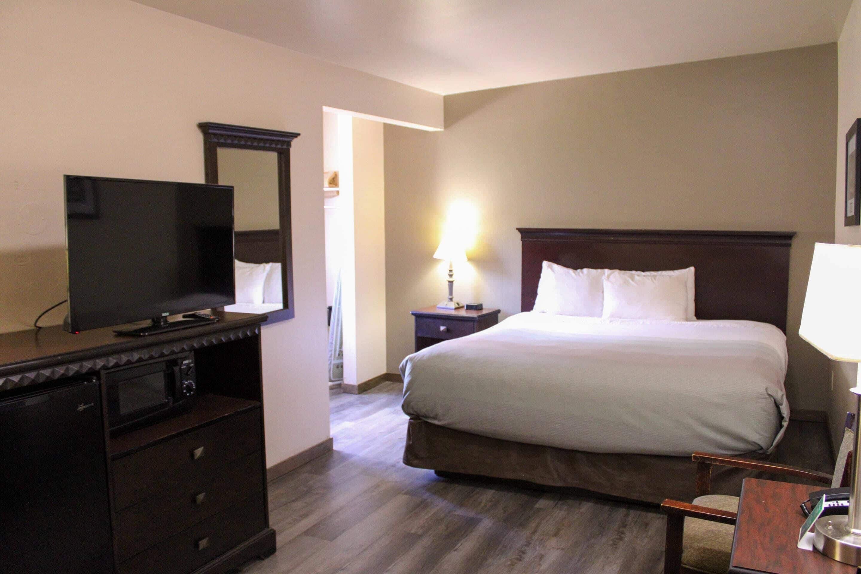 Quarto de hotel com cama, televisão, escrivaninha e cadeira.