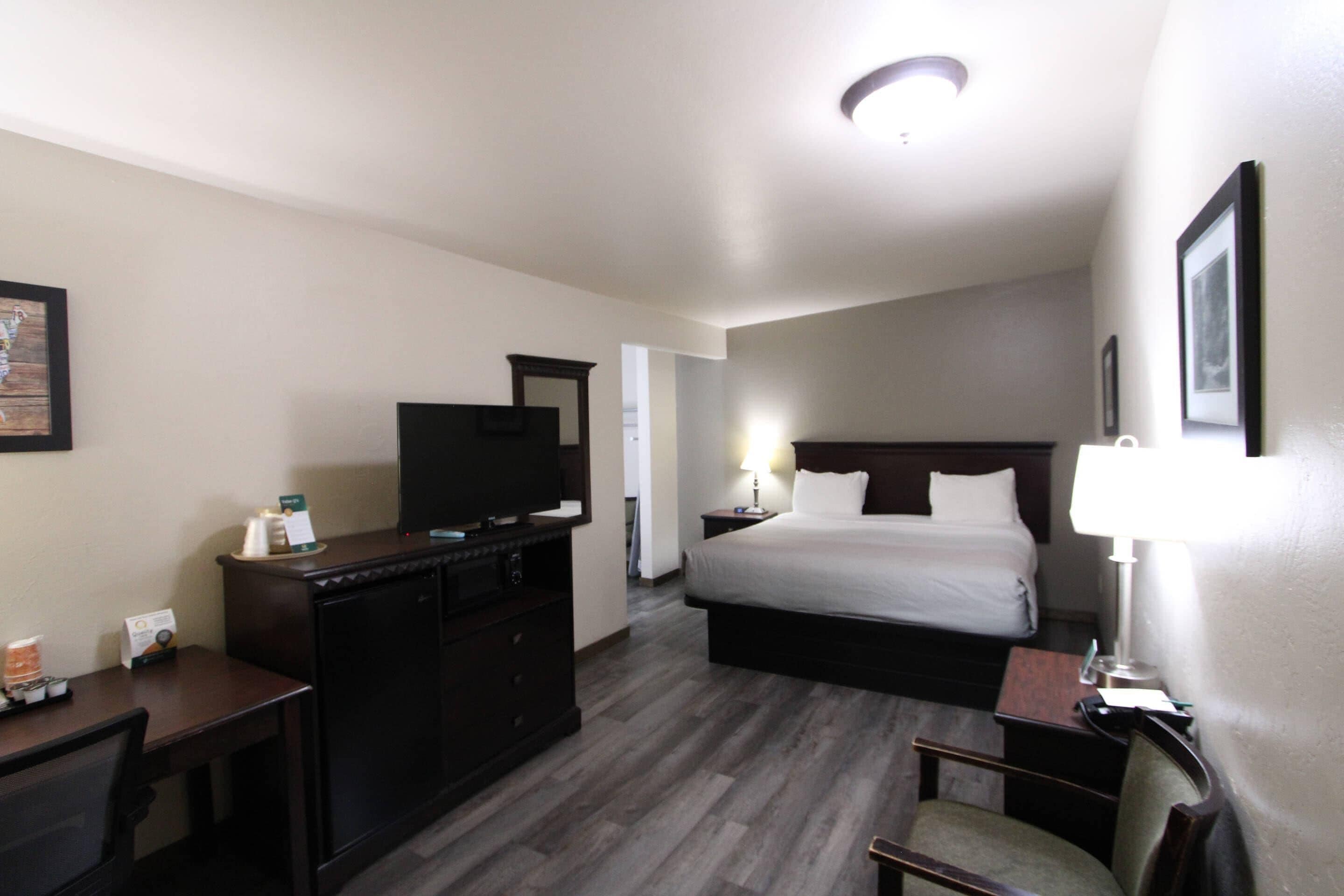 Habitación de hotel con cama, escritorio con televisor, silla y mesita de noche con lámpara.