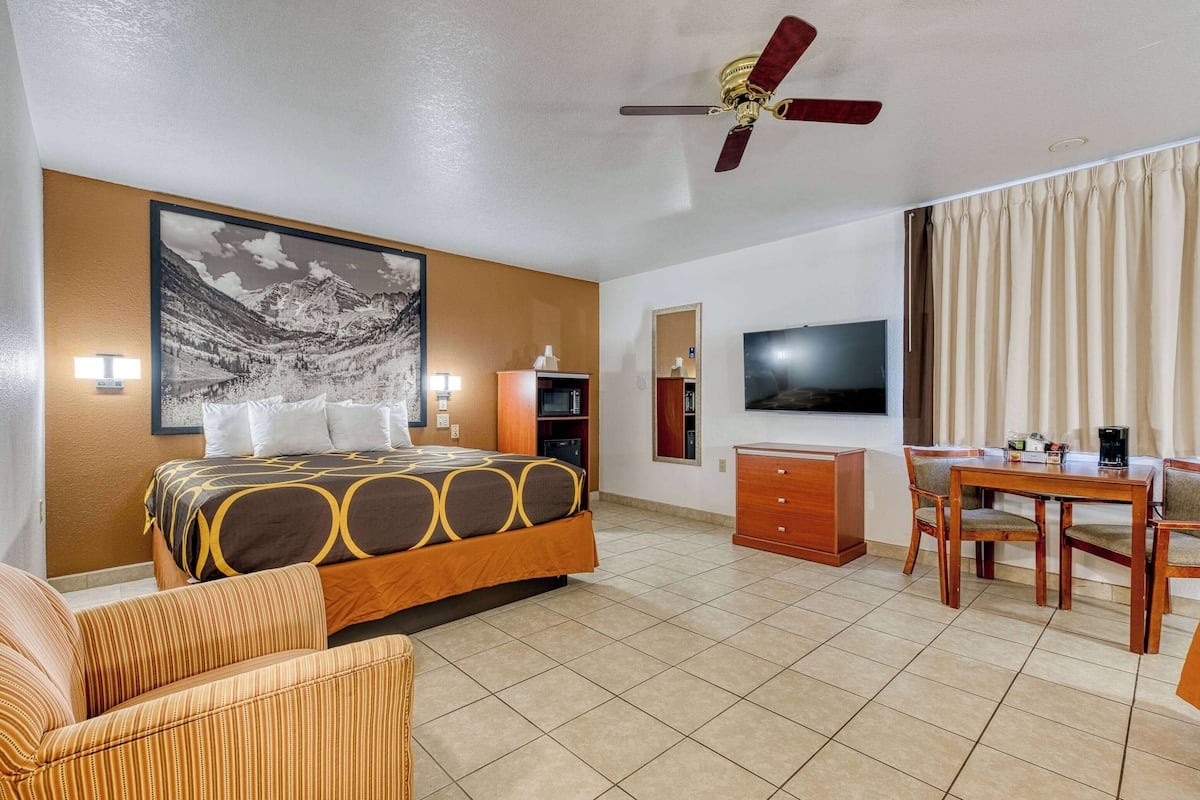 Une chambre d’hôtel comprenant un lit, une télévision, un bureau avec des chaises, un ventilateur de plafond et un grand tableau représentant une montagne accroché au mur.